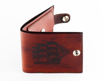 Handmade Leather Wallet with Ship: Sailor Style
