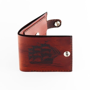 Cartera de piel de marinero, Cartera con barco, Cartera para dinero, Cartera de viaje, Cartera hecha a mano, Gran regalo.