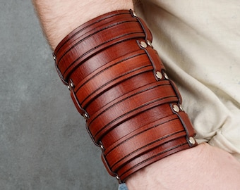 Brown Genuine Leather Cuff Bracelet, Wide Rocker Style, Single or Set