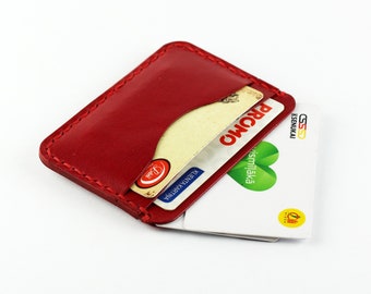 Slim leather card holder wallet, minimalist credit card case, thin card wallet, red leather wallet.