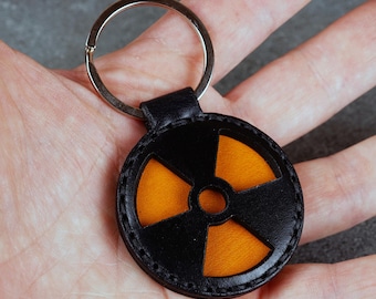 Handmade Leather Radiation Symbol Keychain: Biohazard Key Fob