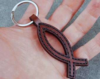 Leather Jesus Fish Keychain: Hand Stitched Christian Keyfob