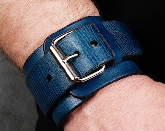 Blue Leather Cuff Bracelet, Italian Leather Accessory