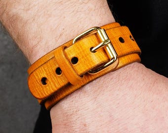 Handmade Yellow Leather Cuff with Solid Brass Buckle