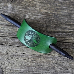 Tree of Life Leather Hair Slide with Wooden Stick