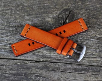 Handgefertigtes Orange Leder-Armband: 18-24 mm Edelstahl-Schnalle