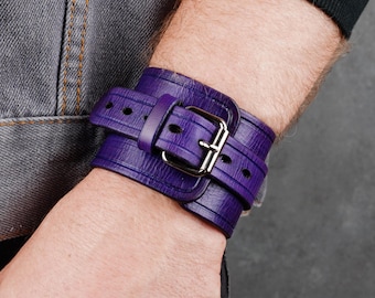 Purple Leather Cuff Bracelet, Unisex Italian Leather Accessory
