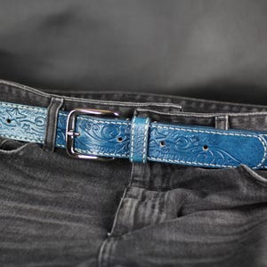 Blue leather belt with sea motif. 100% handmate, great quality, best gift! Blue belt.