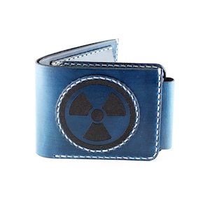 Cartera de piel con símbolo nuclear, cartera con símbolo de radiación, cartera de piel hecha a mano, cartera de hombre.