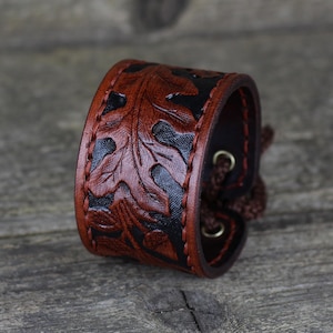 Handmade Brown Leather Cuff Bracelet: Oak Leaf Design