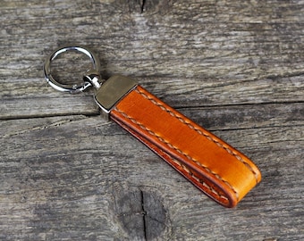 Handmade Orange Leather Keychain with Yellow Stitching