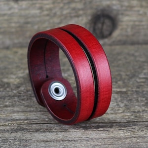 Handmade Red Leather Cuff Bracelet: Unisex Wristband