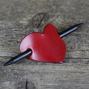 Heart hair barrette, hair clip with wooden stick, leather accessories, great gift for women.