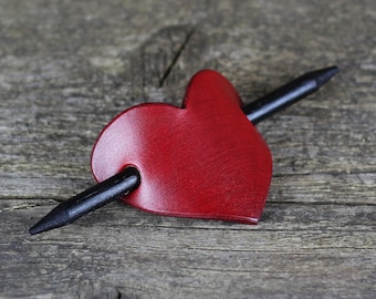 Handmade Leather Heart Hair Barrette with Wooden Stick