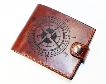 Handmade Compass Leather Wallet, Navigation Design, Gift for Men