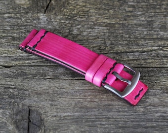 Correa de reloj de piel rosa hecha a mano de 18-24 mm: hebilla de acero inoxidable