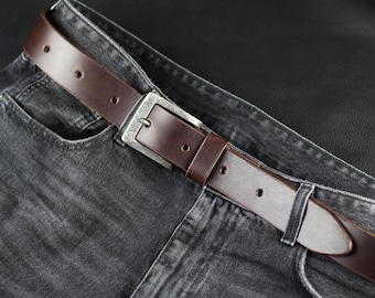 Handcrafted Dark Brown Leather Belt, Stainless Steel Buckle, 1.5 inch