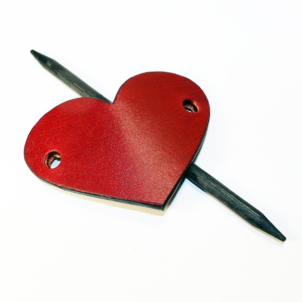 Heart hair barrette, hair clip with wooden stick, leather accessories, great gift for women.