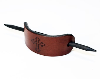 Small hair barrette with Cross, hair clip with wooden stick, Leather accessories, Great gift.