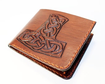 Handmade Leather Wallet with Mjolnir: Viking Symbol Card Holder