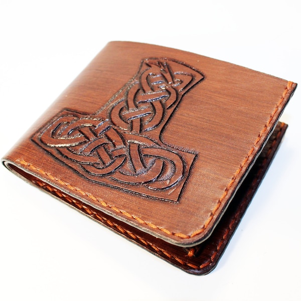 Handmade Leather Wallet with Mjolnir: Viking Symbol Card Holder