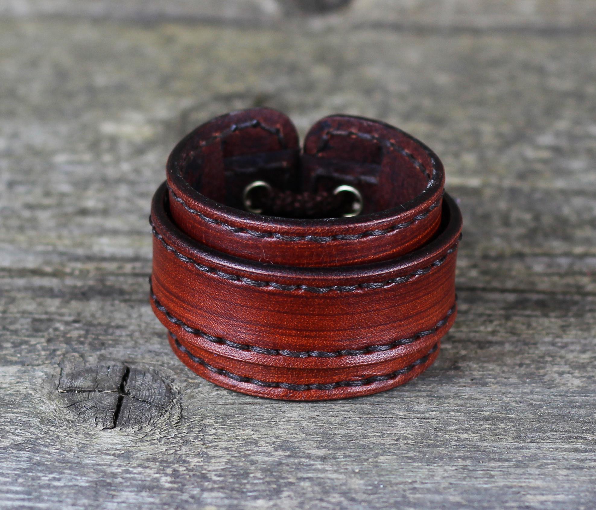 Men's Brown Leather Cuff Bracelet With Copper Clasps - Adjustable 8.5-10.5 Inch, Wide Biker Style - View #10
