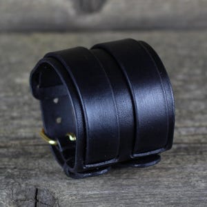 Black Leather Cuff Bracelet: Italian Leather Wrap, Brass Buckle