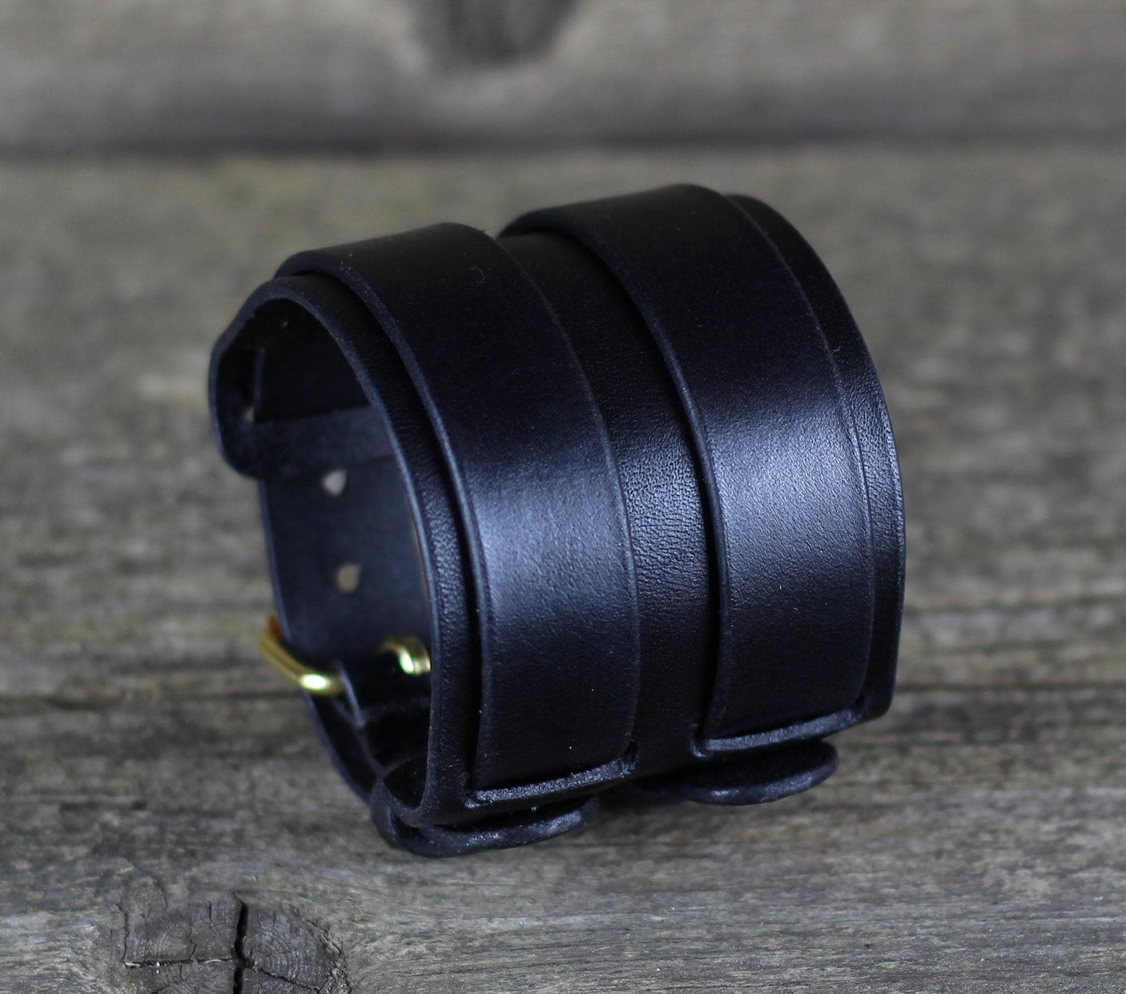 Black Leather Cuff Bracelet: Italian Leather Wrap, Brass  display picture 1