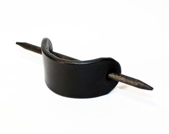 Small hair barrette, Black hair clip with wooden stick, Leather accessories, Great gift.