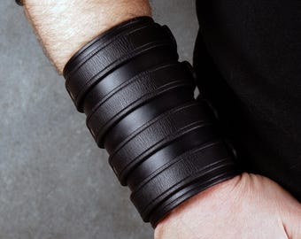 Black Leather Cuff Bracelet, Rocker Style