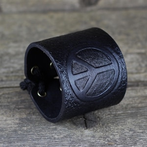 Leather Peace Sign Bracelet: Handmade Hippie Cuff
