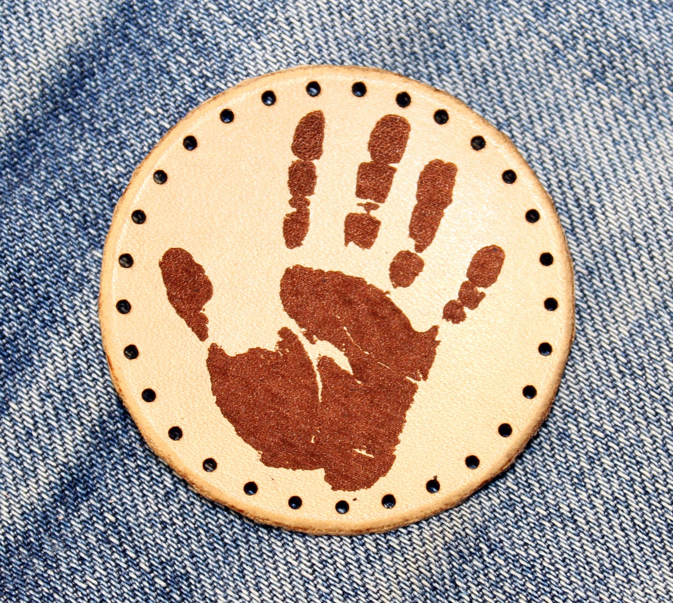 Handprint leather patch, Hand sew, Leather accessories, Handprint sew, Great gift.