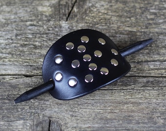 Handcrafted Leather Hair Barrette with Wooden Stick