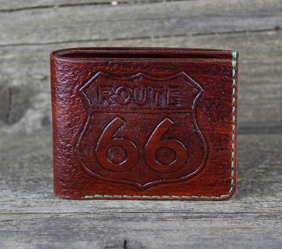 Handmade Leather Wallet: Route 66 Embossed, Credit Card Holder