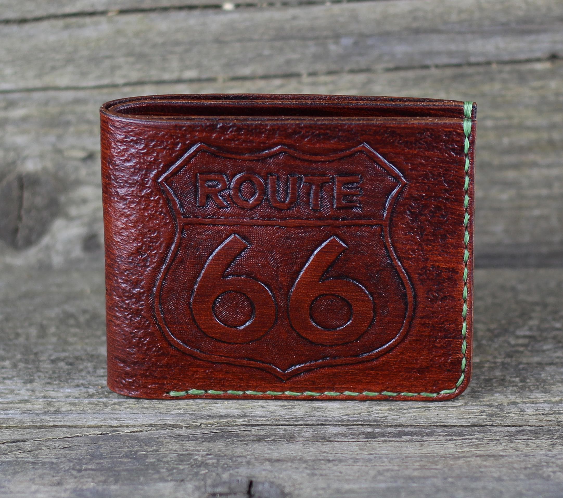 Route66 ‼️本革コンパクトウォレット‼️ ルート66 ハンドメイドレザーウォレット：ルート66エンボス加工、クレジット