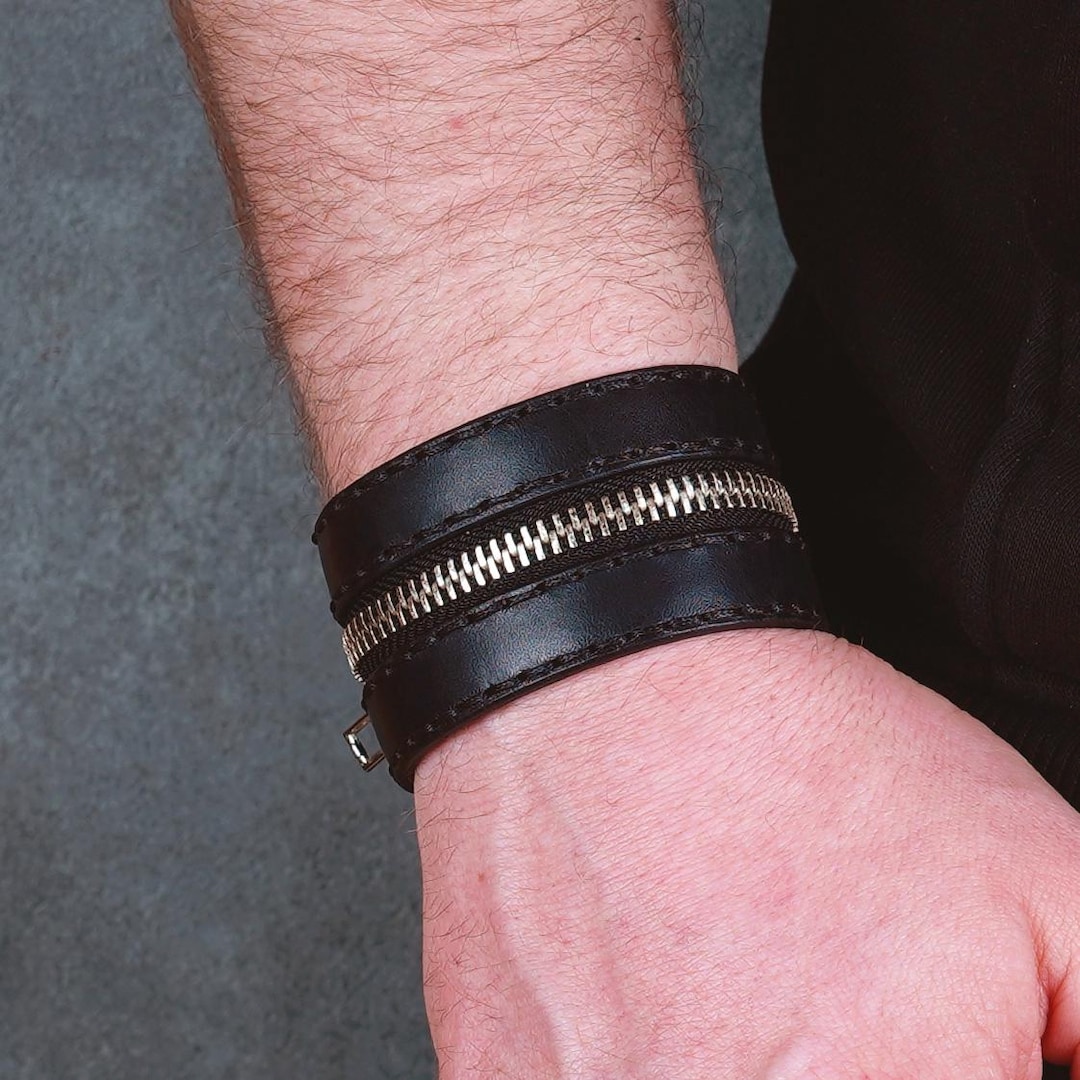Black Leather Zipper Cuff Bracelet: Handmade Unisex Accessory - Etsy