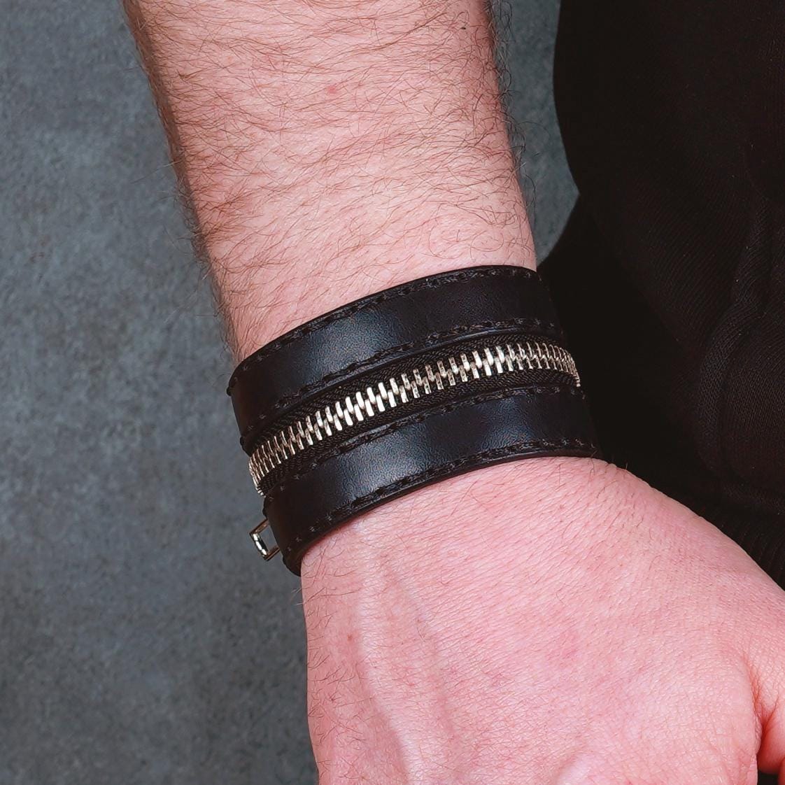Black Leather Zipper Cuff Bracelet: Handmade Unisex Accessory - Etsy