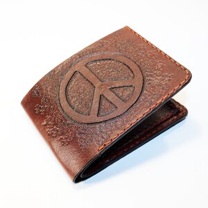Portafoglio in pelle con simbolo della pace, fantastico articolo in pelle, portafoglio da uomo, portafoglio per carte di credito, regalo per uomo.