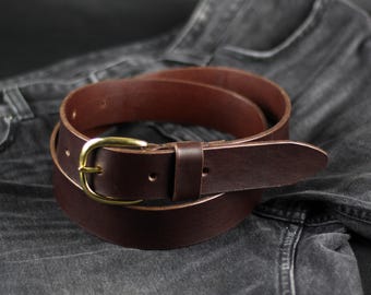 Handmade Dark Brown Leather Belt: 40mm Brass Buckle Waist Belt - Etsy