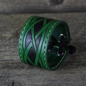 Handmade Green Leather Cuff: Celtic Knot Bracelet