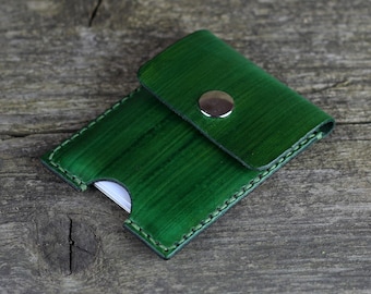 Green Leather Credit Card Holder: Business Card Wallet (10cm x 6.5cm)