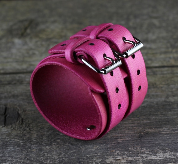 Pink Leather Cuff Bracelet: Italian Leather Wrap, Unisex  display picture 3