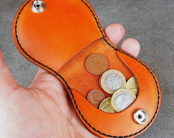 Handmade Orange Leather Coin Wallet, Slim Snap Mini Purse