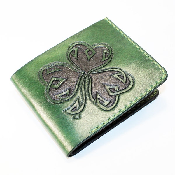 Portefeuille en cuir pour la Saint-Patrick, portefeuille irlandais, noeud celtique, portefeuille porte-bonheur, portefeuille fait main. Portefeuille lutin.