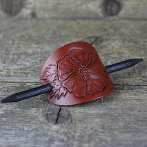 Leather Hair Barrette, Brown, Hair Stick, Hair Slide, Hair Pin, Embossed Flower! Great gift! Rose Hair Barrette! Hair Accessories!