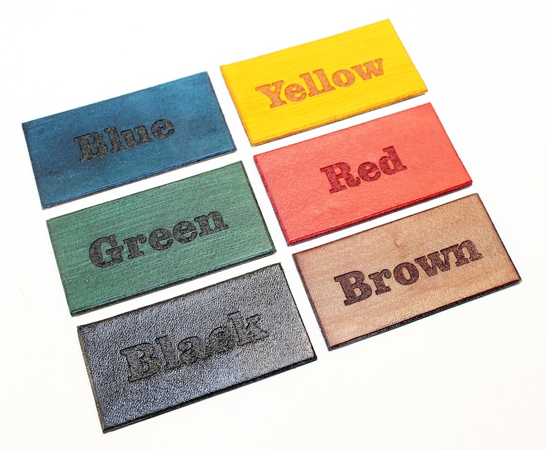 Puede incluir: Seis muestras de cuero en diferentes colores, etiquetadas como "Azul", "Verde", "Negro", "Amarillo", "Rojo" y "Marr&oacute;n".