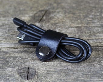 Leather Cord Organizer Set: Black Cable Holder, Earbud Keeper - 3 Piece
