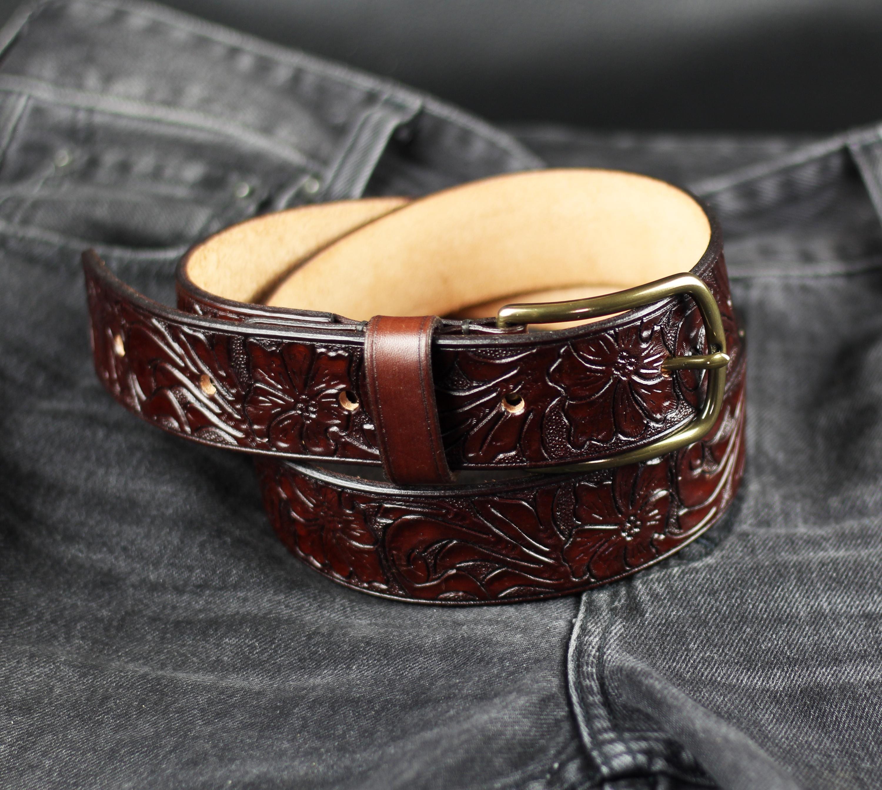 Hand-carved Floral Brown Leather Belt: Italian Brass Buckle  display picture 3