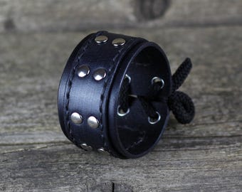 Handmade Black Leather Cuff Bracelet: Adjustable Unisex Design