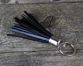 Handmade Black Leather Tassel Keychain: 14cm Key Ring